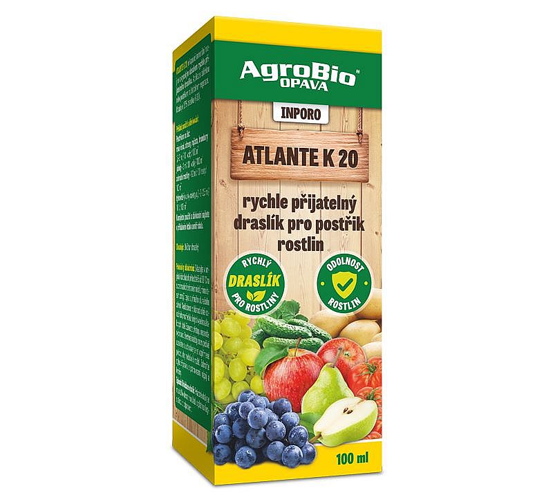 Agrobio Inporo Atlante K20 100ml přípravek s rychle přijatelným draslíkem na postřik proti plísním a padlí, rzi a strupovitosti a hnilobě kořenů jahodníků