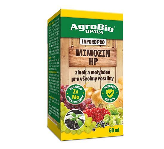 Agrobio Inporo Pro Mimozin HP 50ml přírodní přípravek s obsahem zinku, molybdenu a výtažku citlivky proti padlí, plísni šedé, skvrnitosti, antraknóze, hlízence