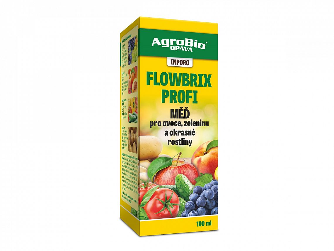 Agrobio Inporo Flowbrix Profi 100ml tekuté měďnaté hnojivo omezující výskyt houbových chorob u brambor, okurek, papriky, broskvoně, jádrovin, jahodníku