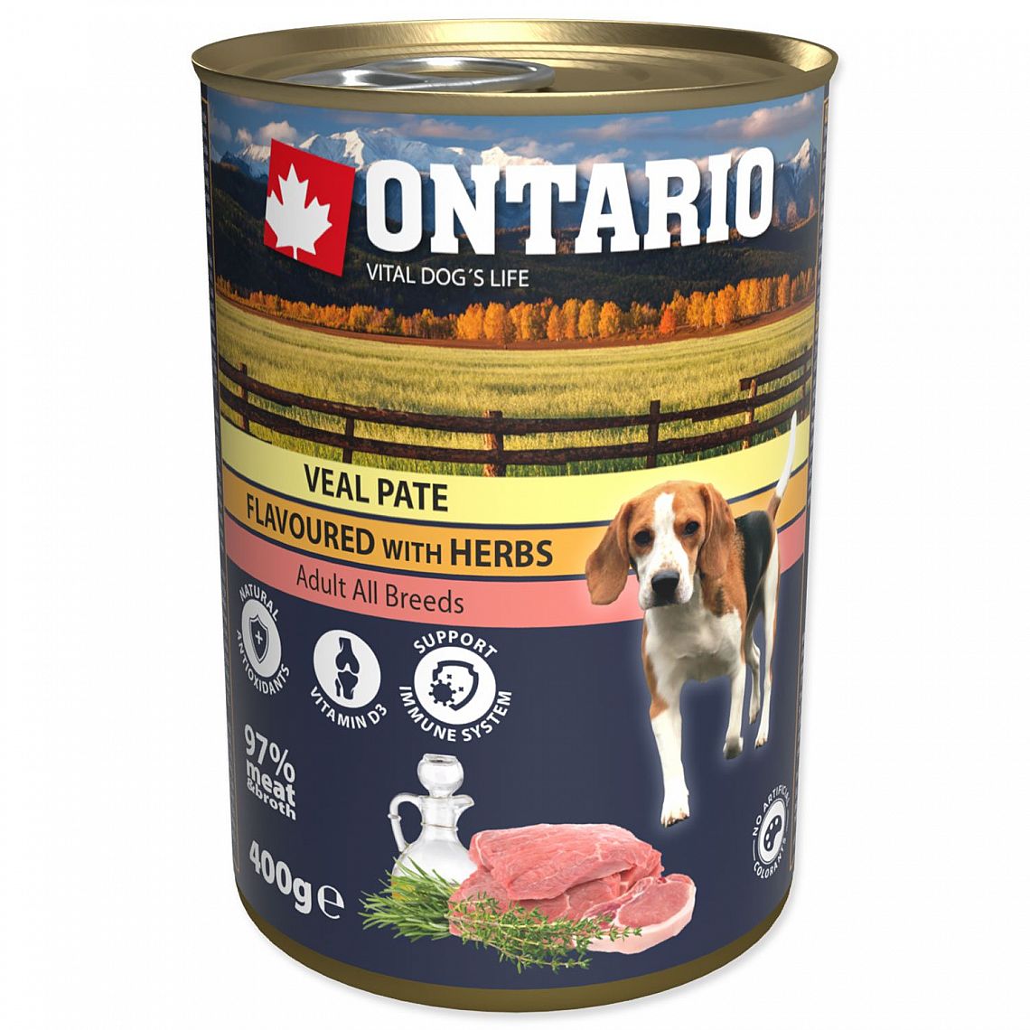 Konzerva Ontario Dog 400g telecí s bylinkami paté