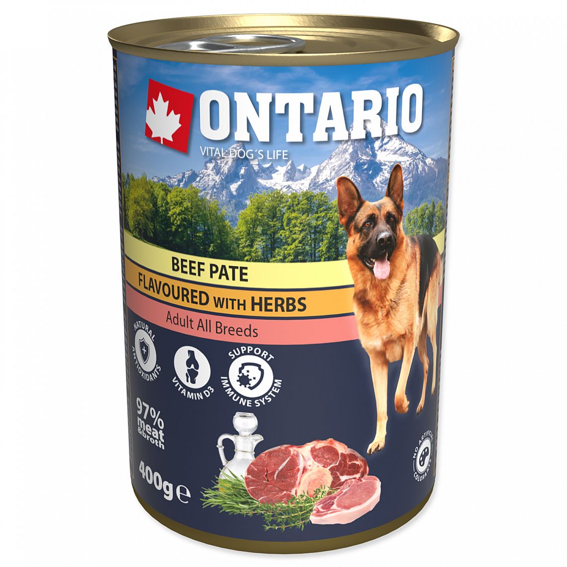 Konzerva Ontario Dog 400g hovězí paté s bylinkami