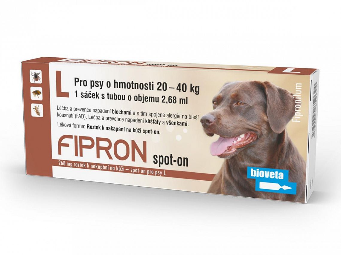 VVLP Kapky spot-on Fipron Dog 2,68ml 268mg pro psy o hmotnosti 20-40kg antiparazitární přípravek pro psy proti blechám, klíšťatům a všenkám