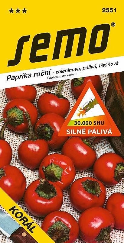 Paprika zeleninová KORÁL silně pálivá, SHU 30 000, pro pole, červená třešňová