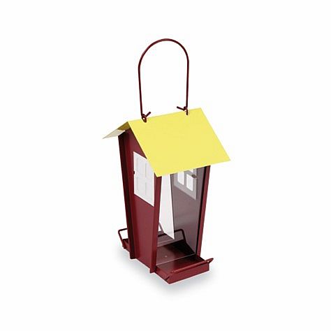 Krmítko pro ptáky kovové červeno žluté s průhledným bokem / METAL HOUSE BIRD FEEDER - TRANSPARENT 14530