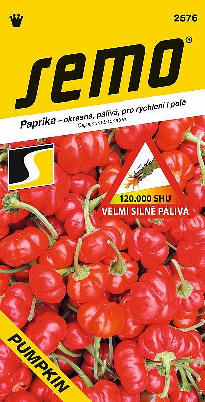 Paprika PUMPKIN velmi silně pálivá, SHU 120 000, k jídlu i pro dekoraci, drobné červené plody, tvar patizonů