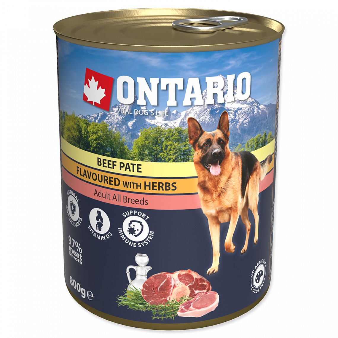 Konzerva Ontario Dog 800g hovězí paté s bylinkami