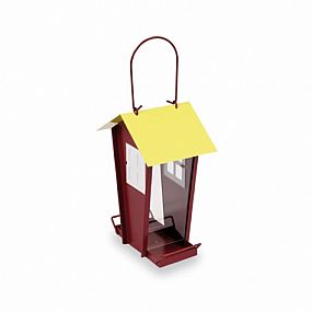 Krmítko pro ptáky kovové červeno žluté s průhledným bokem / METAL HOUSE BIRD FEEDER - TRANSPARENT 14530